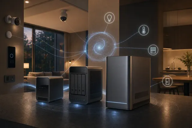 Editorial illustration of UGREEN HomeAgent local AI smart-home hub and connected home devices
