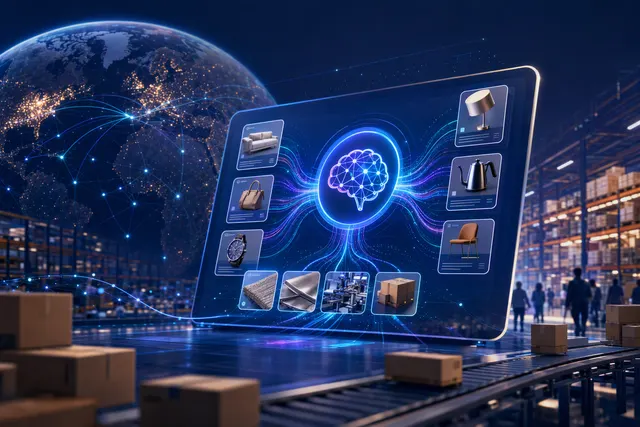 Conceptual illustration of 1688 buyers and factories using an AI e-commerce workbench