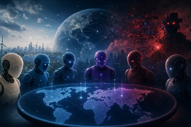 Editorial illustration of autonomous AI agents operating in a simulated network environment