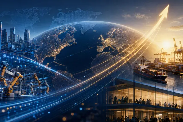 Editorial illustration of global economic activity, technology infrastructure and growth indicators