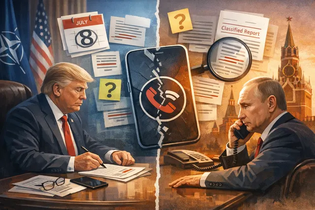 Conceptual image of diplomatic communication breakdown: a phone receiver off the hook with NATO and Russian flags in the background
