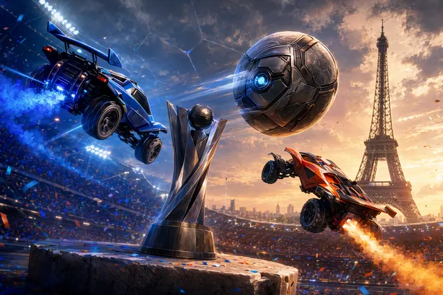 Rocket League esports grand final scene representing Karmine Corp defeating Twisted Minds at the RLCS 2026 Paris Major