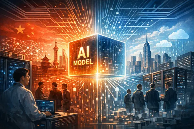 Abstract editorial illustration representing Alibaba’s Qwen2.5-Max model and the global frontier AI competition