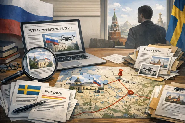 AI-generated editorial illustration of a drone flying over the Russian embassy in Stockholm, referencing the July 2026 incident.