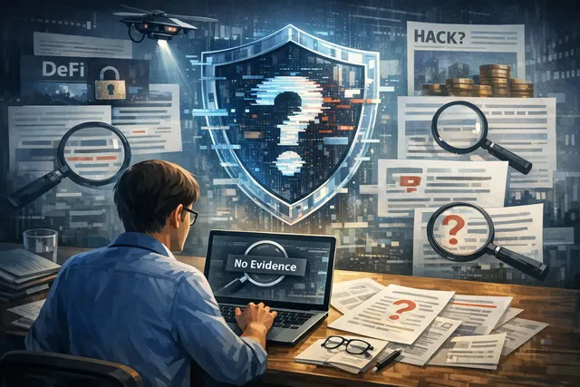 A conceptual image representing a DeFi security incident analysis, showing a blockchain network visualization with a magnifying glass over a smart contract exploit path.