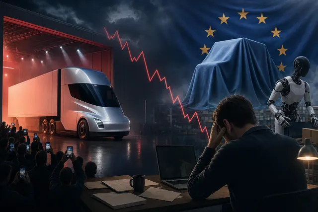 AI-generated editorial image accompanying an article about Tesla’s Semi launch and stock decline