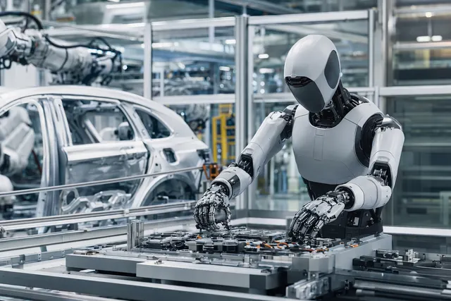 Industrial humanoid robot working in a warehouse logistics environment