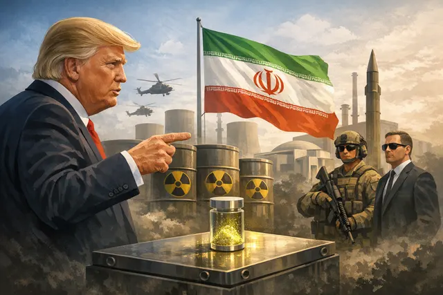 President Donald Trump speaking at a podium with the Oval Office in the background, discussing U.S.-Iran nuclear negotiations.