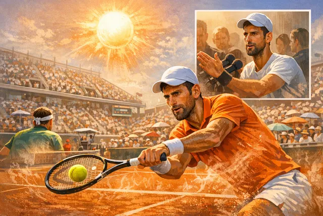 Novak Djokovic competing in an intense rally under a blazing sun on Court Philippe-Chatrier at the 2026 French Open, with visible heat haze radiating from the red clay court.