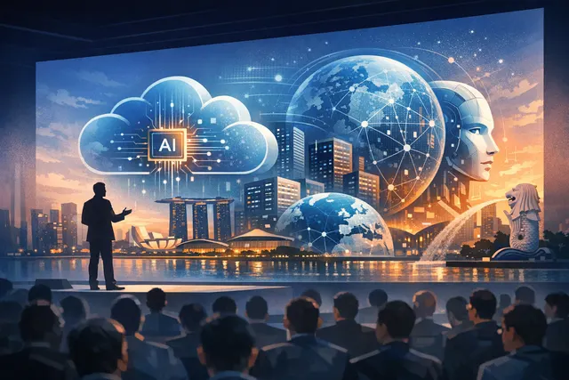 Alibaba Cloud's agentic AI global expansion strategy illustrated with Qwen Cloud, MuleRun, and Qwen 3.7-Max product launch visuals in Singapore.