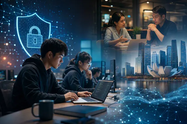 Illustration representing cybersecurity monitoring and practical training for Singapore SMEs and students