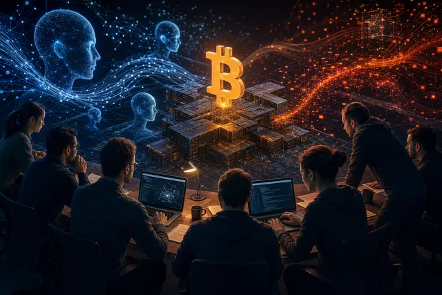 Editorial illustration of artificial intelligence reviewing Bitcoin-related code for security issues