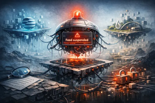 Editorial illustration of a blockchain oracle network warning across Aptos, Sui, IOTA, and Movement