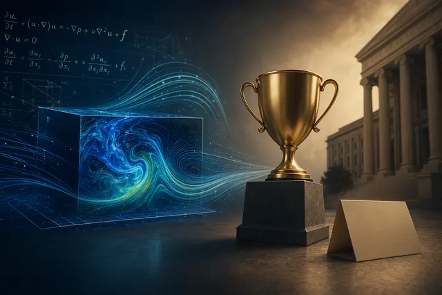 Editorial illustration representing AI-assisted Navier–Stokes mathematics and formal proof verification