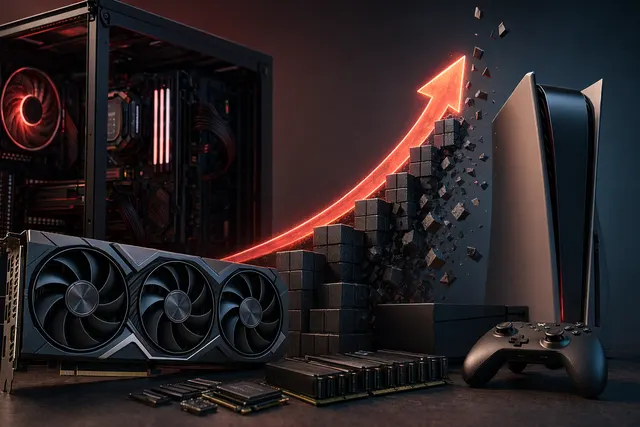 Illustration of AMD gaming hardware, GPUs, memory chips, and consoles under rising component cost pressure
