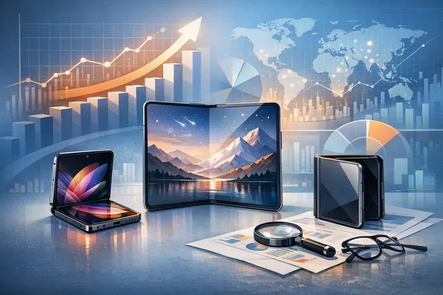Abstract representation of foldable smartphones and market growth charts