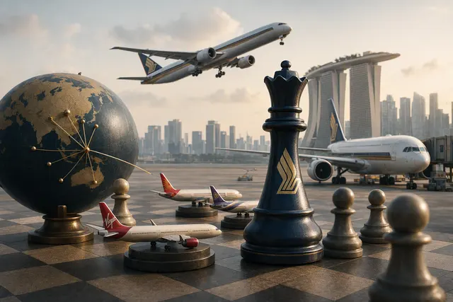 AI-generated editorial illustration accompanying an analysis of Singapore Airlines’ overseas investments