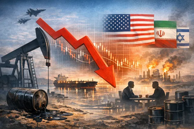 Brent crude oil prices plummeting with shipping vessels queued outside the Strait of Hormuz