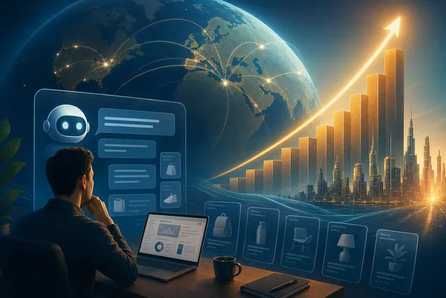 Editorial illustration representing ChatGPT advertising growth and global campaign expansion