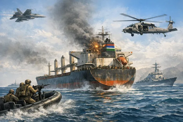 U.S. aircraft fires Hellfire missile to disable Gambia-flagged cargo ship in the Gulf of Oman during Iran blockade enforcement