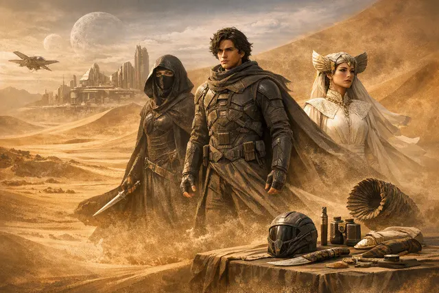 AI-generated editorial illustration representing Dune: Awakening’s Gamescom 2026 console launch and Filmic Archive DLC