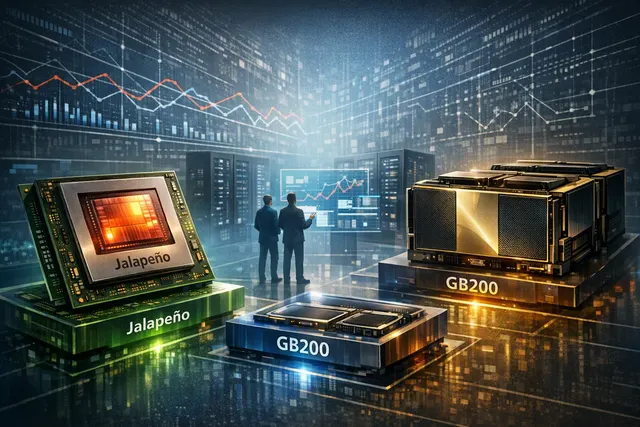 Abstract editorial illustration of OpenAI’s Jalapeño AI inference chip competing with Nvidia data-center accelerators