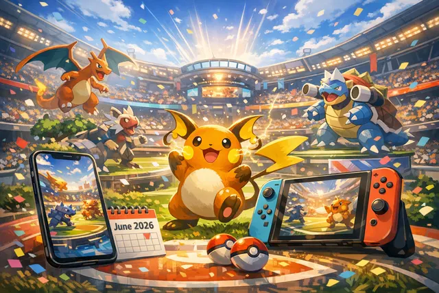 Pokémon Champions mobile launch promotional artwork featuring a Raichu and its new Mega Evolutions, with the game logo and release date