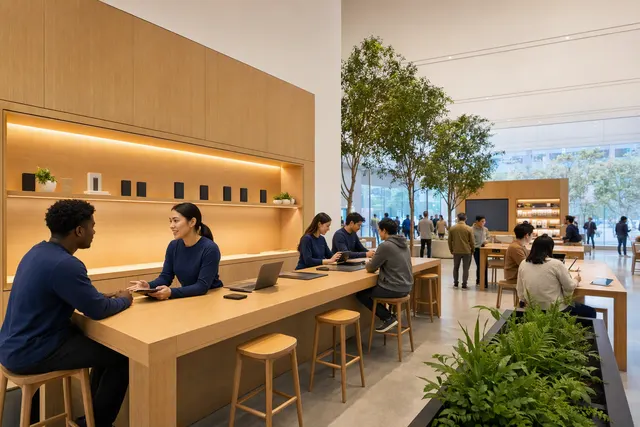 Illustration of an Apple retail store interior with wooden service counters and product displays