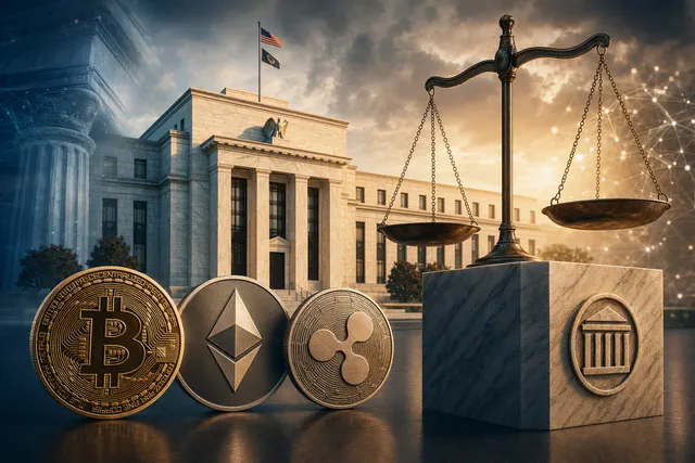 Editorial illustration of Bitcoin and Federal Reserve interest-rate policy