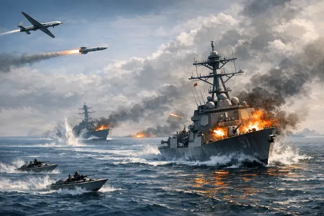 Iranian Qadir cruise missiles and Shahid Dana drones in a tense Gulf of Oman naval standoff with U.S. destroyers