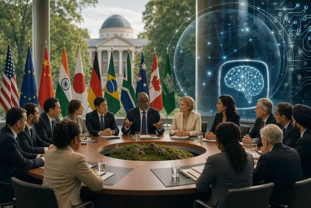 Editorial illustration representing the G20 Innovation Ministerial and the debate over AI regulation