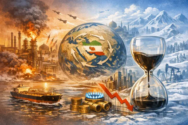 Editorial illustration of global economic pressures from an energy shock and artificial intelligence investment