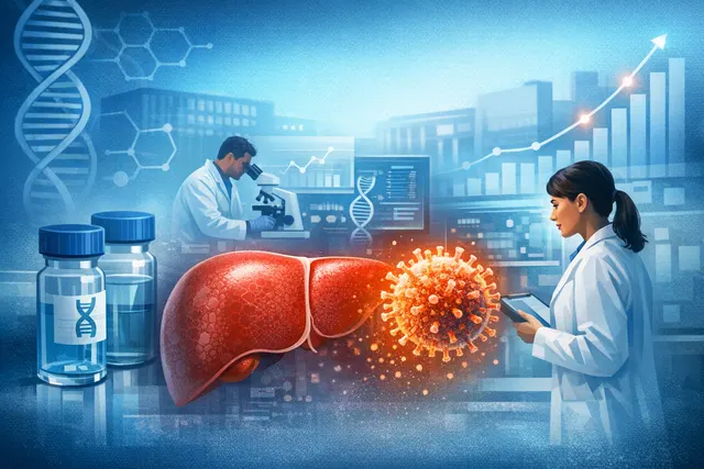 Abstract graphic showing a hepatitis B virus particle surrounded by molecular structures representing bepirovirsen, with clinical trial data charts overlay