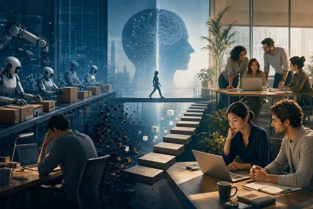 Illustration of AI workforce automation and human workers collaborating