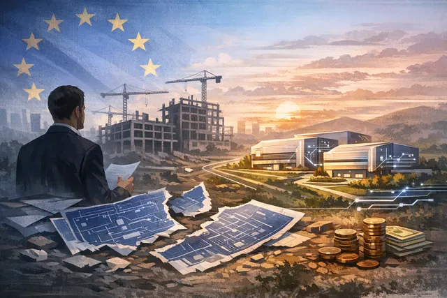 Conceptual illustration of the EU's scaled-back AI gigafactory plan, showing data centre infrastructure and European Union symbols
