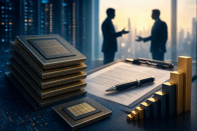 Editorial illustration of HBM memory chips and AI computing hardware