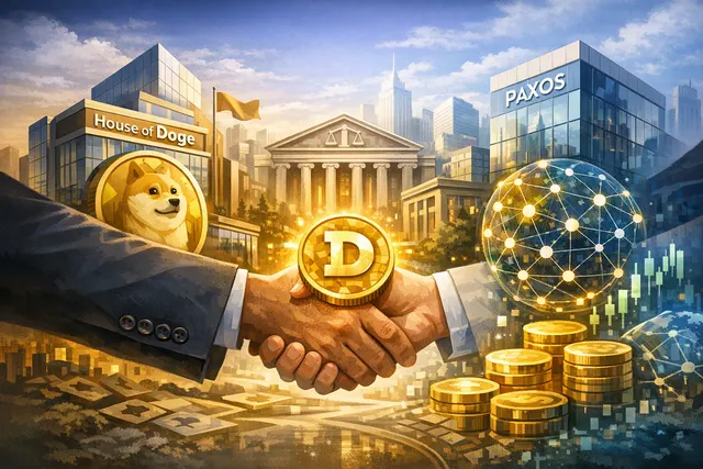 Dogecoin token sitting on a regulated blockchain infrastructure node next to the Paxos and House of Doge marks, illustrating the partnership between a memecoin and enterprise-grade
