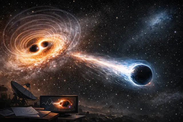 Conceptual illustration of runaway supermassive black hole RBH-1 traveling away from a galaxy and leaving a bright star-forming wake