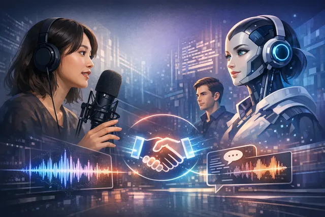 Abstract visualization of Tencent Cloud's voice AI infrastructure connecting speech-to-text and text-to-speech technologies globally