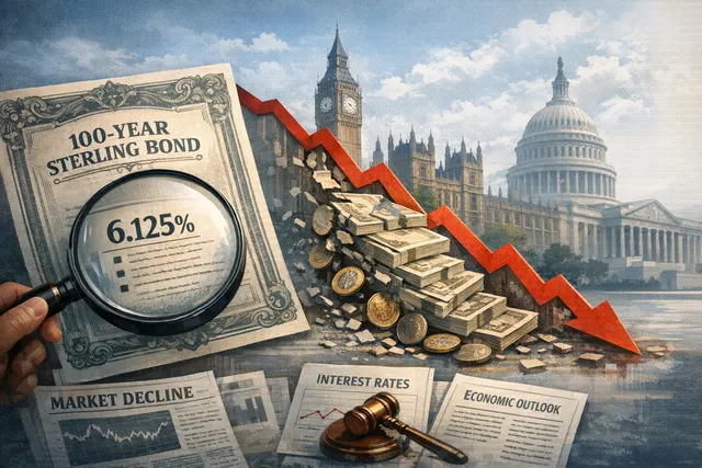 Alphabet's 100-year bond price chart showing a decline from par to below 90 pence in 2026