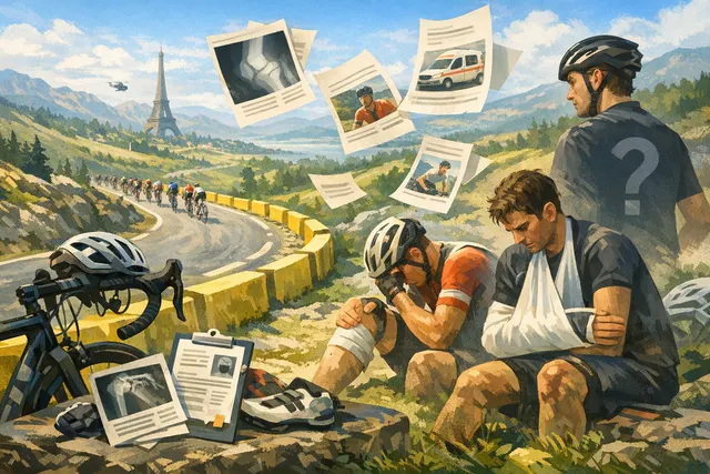 General illustration of the Tour de France peloton riding through a scenic landscape under a cloudy sky