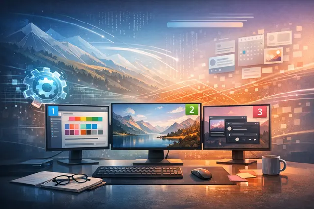 KDE Plasma 6.8 desktop environment preview with multi-monitor setup and Wayland logo