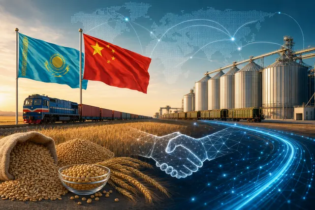 Concept illustration of China–Kazakhstan digital grain trading linking farms, rail logistics, and cross‑border trade