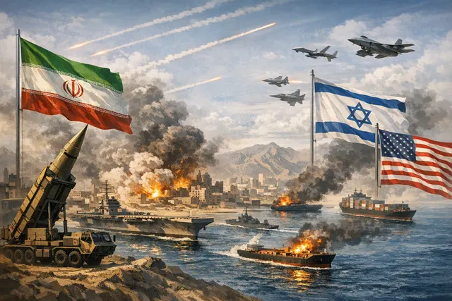 Editorial illustration of the Iran, Israel and United States conflict, with missiles, military aircraft and the Strait of Hormuz