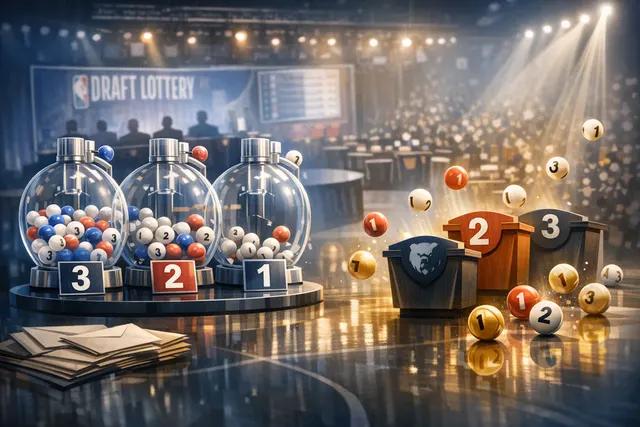 Graphic illustrating the NBA's new 3-2-1 draft lottery ball distribution system with basketballs.