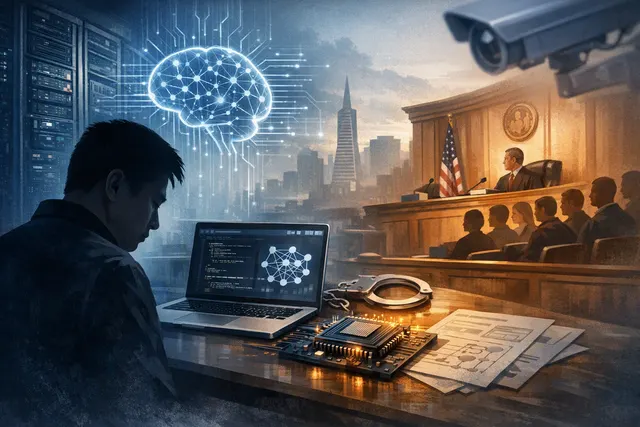 Abstract illustration of AI data-center hardware and software alongside a legal case
