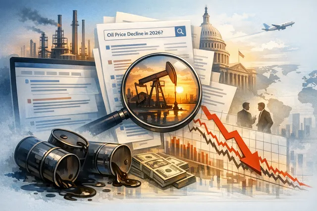 AI-generated editorial illustration showing an oil tanker navigating the Strait of Hormuz, with a graph of declining oil prices overlaid.