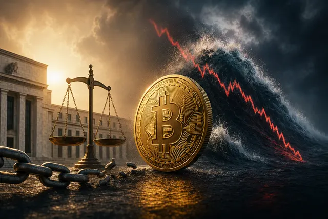 Bitcoin-themed editorial illustration about market volatility and investment risk