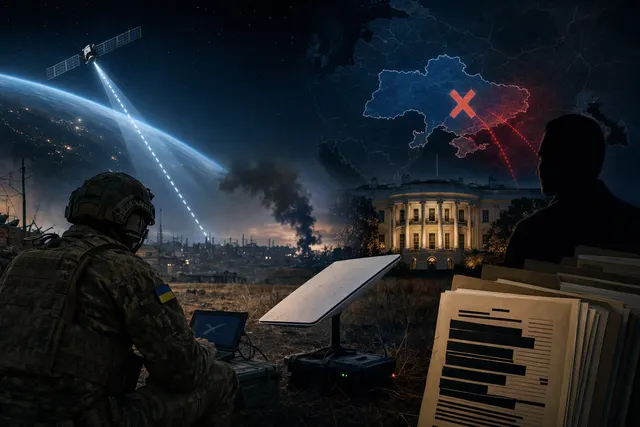 Illustration of satellite communications supporting a drone over Ukraine