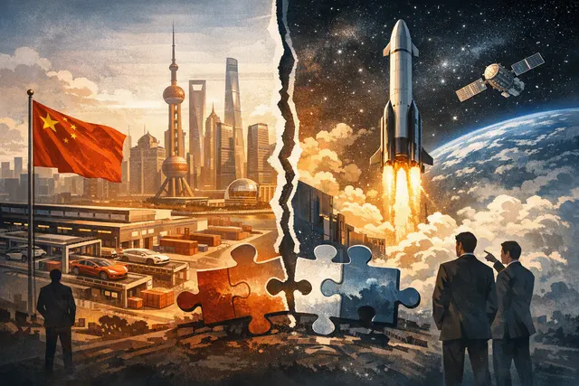 AI-generated editorial illustration of a Tesla and SpaceX merger concept, showing a stylized electric car silhouette against a rocket launch and global financial market data